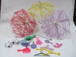 Fat-catz-copy-catz Set of 10 Randomly Selected Dolls Clothing Accessories: Hangers, Mirror, Comb, Brush, Crown, Tiara, Umbrella