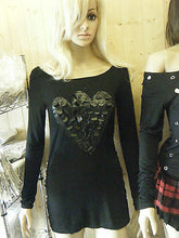 Load image into Gallery viewer, LADIES FASHION BLACK TOP T-SHIRT FAUX LEATHER HEART LONGLINE &amp; SEXY ONE SIZE UK
