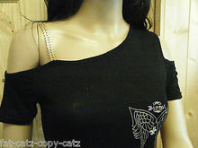Load image into Gallery viewer, LADIES UNIQUE BIKER GOTH BLACK ONE SLEEVED TOP ANGEL WINGS GOLD DETAILING UKSELL
