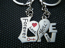 Load image into Gallery viewer, LOVERS SET OF 2 KEYRINGS I LOVE YOU FOREVER MALE &amp; FEMALE SYMBOL JIGSAW HEART
