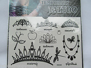 Black Unisex Ladies Arty Princess Tiara Crowns Jewels Temporary Tattoos UKSeller