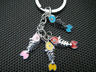 4 PIECE METAL CUTE FISH BONES DIAMONTE JEWEL KEYRING COLLECTABLE HANDBAG CHARM