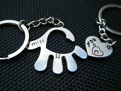LOVERS I LOVE YOU SET OF 2 KEYRINGS JIGSAW MALE FEMALE HAND PALM HEART MISS YOU