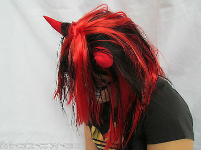 NEW LADIES FANCY DRESS RED & BLACK DEVILS HORNS VAMPIRE WIG HAIR PIECE UK SELLER