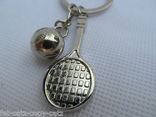 Load image into Gallery viewer, SOLID METAL SILVER TONE TENNIS RACKET BAT BALL KEYRING CHARM GIFT IDEA UK SELLER
