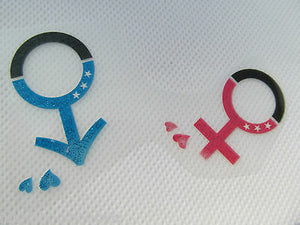 SET OF 2 MALE & FEMALE BIOLOGICAL SYMBOL GLITTER IRON ON SMOOTH PATCH UK SELLER