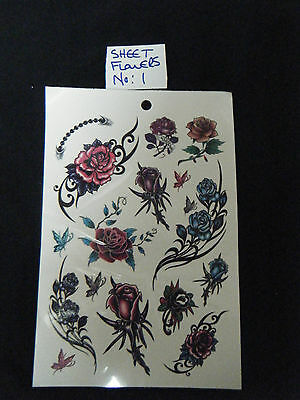 SHEET GIRLS LADIES TEMPORARY TATTOOS COLOURFUL BLACK FLOWERS ROSES HEARTS CELTIC