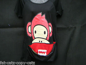 OVER SIZED ANIMATED CUTE MONKEY & TEETH LADIES ZIP MOUTH TOP T-SHIRT ONE SIZE