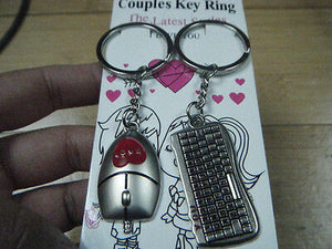 LOVERS SET OF 2 KEYRINGS I LOVE YOU MALE & FEMALE COMPUTER KEYBOARD & MOUSE SET