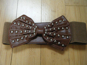 LADIES FAUX LEATHER STUDDED BOW CORSET STYLE HIGH WAIST ELASTICATED BELT 3" WIDE