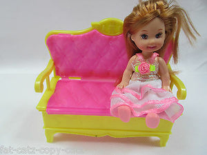 SMALL 8" DOLL SIZED LIVING SITTING ROOM FURNITURE PINK/YELLOW SOFA UK SELL