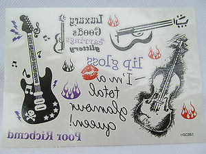 New Quality Black Guitar Volin Lips Words Lip Gloss Temporary Tattoos UK Seller