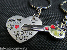 Load image into Gallery viewer, UNIQUE LOVERS I LOVE YOU SET TWIN KEYRINGS HEART &amp; KEY JIGSAW GIFT BOX UK SELLER
