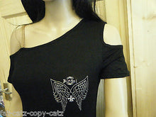 Load image into Gallery viewer, LADIES UNIQUE BIKER GOTH BLACK ONE SLEEVED TOP ANGEL WINGS GOLD DETAILING UKSELL
