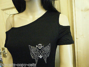 LADIES UNIQUE BIKER GOTH BLACK ONE SLEEVED TOP ANGEL WINGS GOLD DETAILING UKSELL