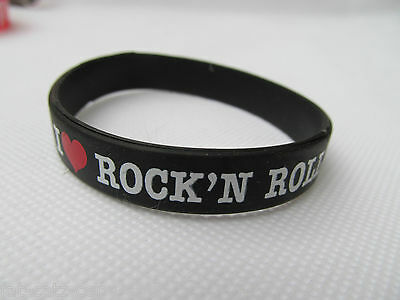 Adult Fashion Punk Black I Love Rock & Roll Silicone Rubber Wrist Band UK Seller