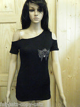 Load image into Gallery viewer, LADIES UNIQUE BIKER GOTH BLACK ONE SLEEVED TOP ANGEL WINGS GOLD DETAILING UKSELL
