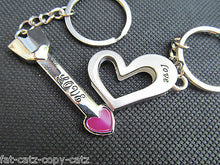 Load image into Gallery viewer, LOVERS I LOVE YOU SET OF 2 COUPLE TWIN KEYRINGS HEART &amp; KEY CUPID ARROW UKSELLER
