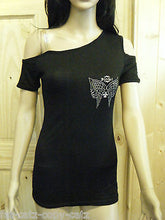 Load image into Gallery viewer, LADIES UNIQUE BIKER GOTH BLACK ONE SLEEVED TOP ANGEL WINGS GOLD DETAILING UKSELL
