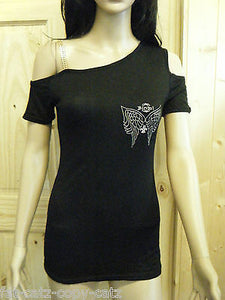 LADIES UNIQUE BIKER GOTH BLACK ONE SLEEVED TOP ANGEL WINGS GOLD DETAILING UKSELL
