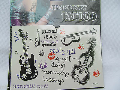 New Quality Black Guitar Volin Lips Words Lip Gloss Temporary Tattoos UK Seller