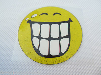 YELLOW SMILEY HAPPY FACE & TEETH GLITTER IRON ON SMOOTH PATCH FOR CLOTHES UKSELL