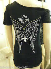 Load image into Gallery viewer, LADIES UNIQUE BIKER GOTH BLACK ONE SLEEVED TOP ANGEL WINGS GOLD DETAILING UKSELL
