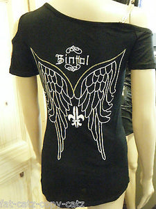 LADIES UNIQUE BIKER GOTH BLACK ONE SLEEVED TOP ANGEL WINGS GOLD DETAILING UKSELL