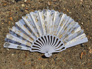White & Gold Flower Print Ladies Unisex Hand Fan Decorative Burlesque Folding Fashion Fan 35cm Span