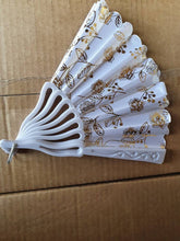 Load image into Gallery viewer, White &amp; Gold Flower Print Ladies Unisex Hand Fan Decorative Burlesque Folding Fashion Fan 35cm Span

